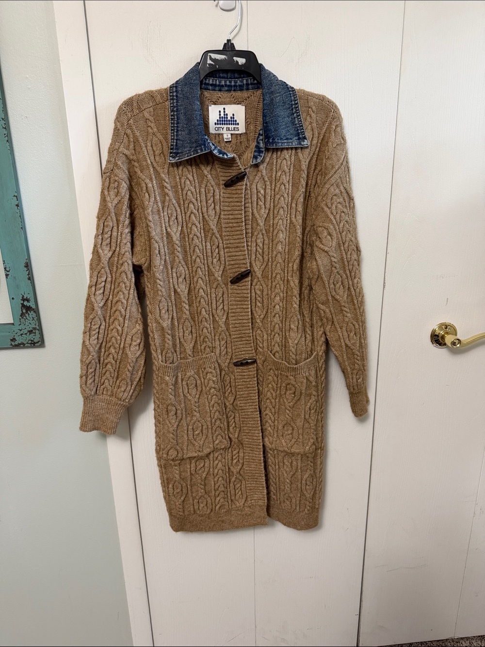 Tan Cable-Knit Cardigan with Denim Collar